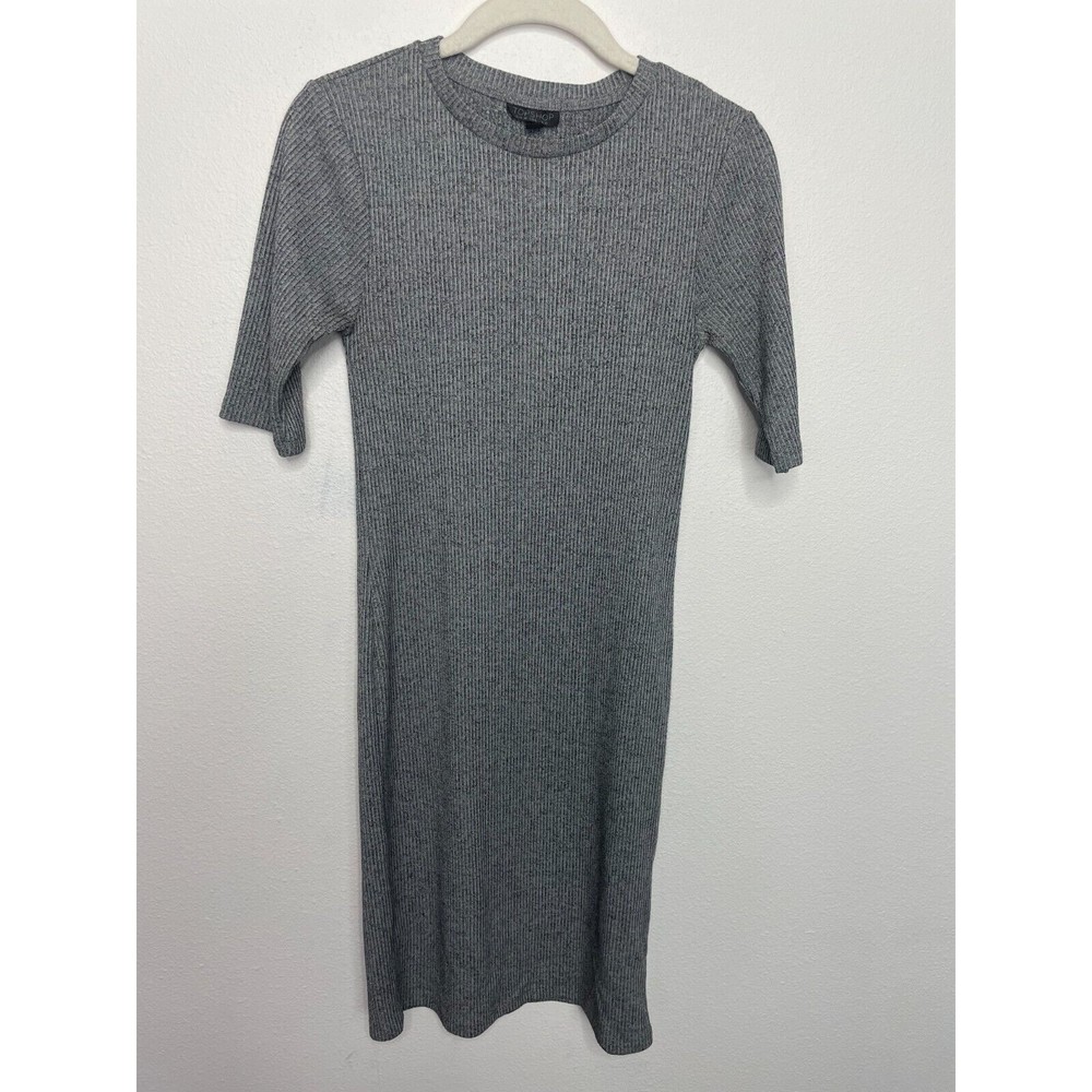 Topshop Size 6 Ribbed Mini Bodycon Dress Gray Short Sleeve Pullover Minimalist - Picture 4 of 10